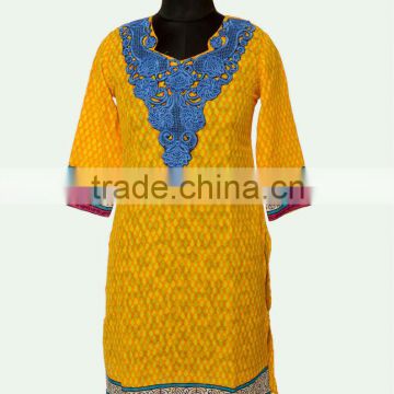 Yellow printed kurti with blue color embroidery for causal and office wear