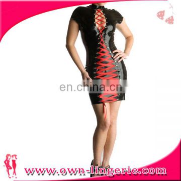 leather dress laced up china factory price erotic night club faux leather suit short sleeve
