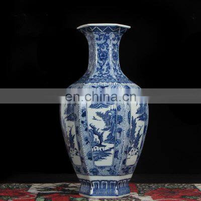 Blue and white landscape Shang ceramic flower floor vase for living room decoration