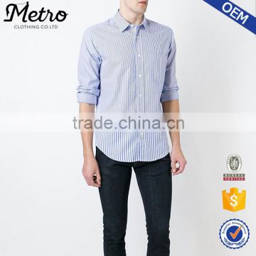 Custom mens blue and white striped dress shirts with curved hem
