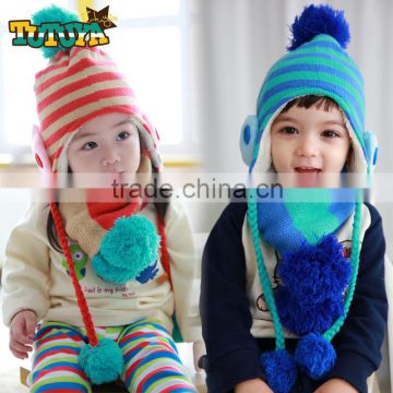 Fashion Korean Baby Kids Boys Girls Stripe Knitted Earflap Winter Hat Scarf Set