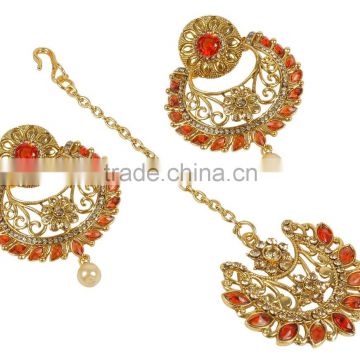 Indisn Gold Plated Crystal Made Dangle & Drop Design Earring With Maang Tikka For Women