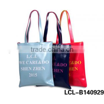 LCL-B1409291 shining pvc pu bi color customized fashion lady travel weekend tote hand bag