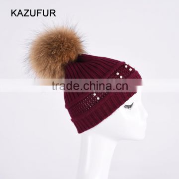 Children knitted hats with raccoon fur pompom cotton knitted hat for baby KZ160088                        
                                                                                Supplier's Choice