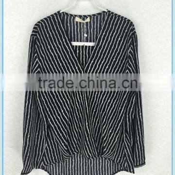 Fashion ladies dot printed design stripe women long sleeve v neck chiffon blouse