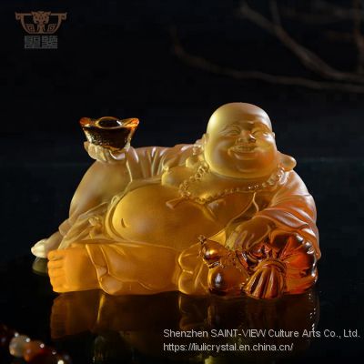 Liuli Laughing Buddha Statues With Toad Colored Glaze Maitreya Car Decoration For Sale
