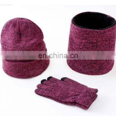 3Pcs Adults Acrylic Fleece Lined Knitted Winter Hat And Scarf Set