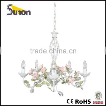 Wrought iron 5 lights decorative flower crystal chandeliers hanging light