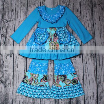 Big promotion baby girls boutique outfits smock design 2pcs long sleeve clothing set blue color dress pants clothing set factory