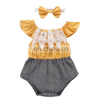 Hot Sale Wholesale Baby Clothes Yellow Plaid Lace Ruffle Baby Romper
