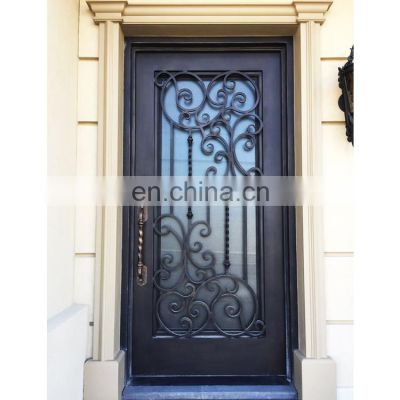 Cheap used single scrolls design tempered glass wrought iron gate door