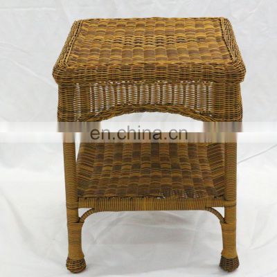 Patio Furniture Outdoor Rattan Wicker Steal Side Table with Shelf  End Table,Walnut