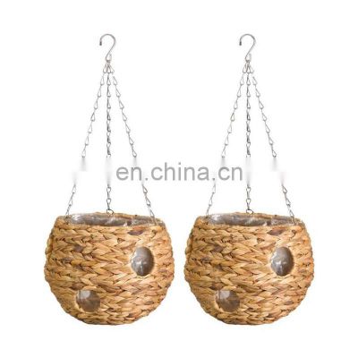 Collection Of Rustic Woven Water Hyacinth Hanging Planter with Lining Seagrass Straw Cover for Flower Pot