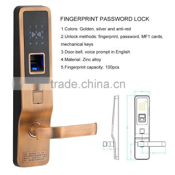 Zinc Alloy touch screen smart digital household fingerprint rfid / id card door lock