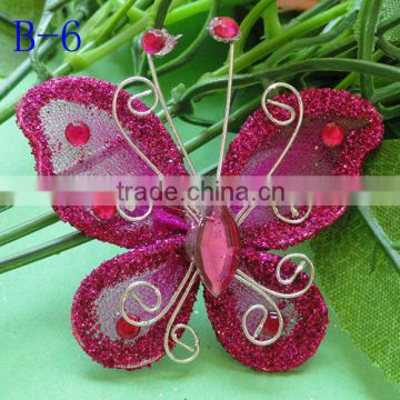 Hot pink artificial colorful silk stocking nylon organza butterfly wire mesh butterfly for garden decoration