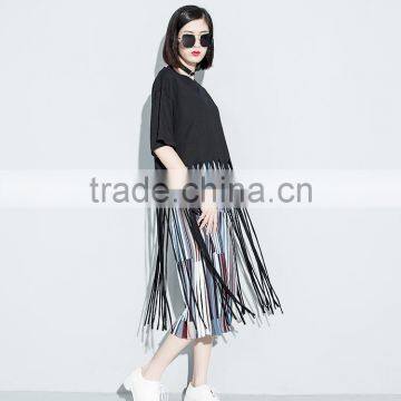 Guangzhou clothing OEM o neck half sleeves black long tassels tshirt
