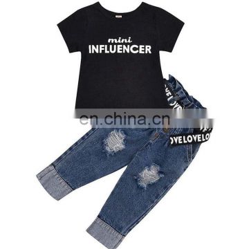 Children's suit 2021 new black cotton printed letter T-shirt + button hole denim trouser belt 2pcs set kids clothes
