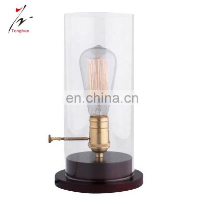 Tonghua Vintage Round Wood Base Glass Shell Table Lamp LED Edison Filament Bulb Industrial Desk Lamp Study Room Reading Light