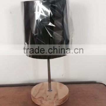 Wood desk lamp, round wood base, chrome pole, fabric lampshade