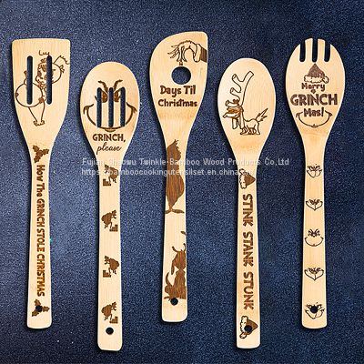 Christmas Bamboo wooden cooking spatula set burn/Wholesale kitchen bamboo tool utensil set engraved