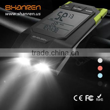 Shanren multi function waterproof 2.4G digital wireless 300 lumen bicycle computer with headlight