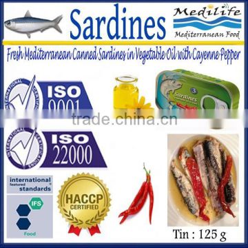 Fresh Mediteranean Canned Sardines inVegetable Oil Cayenne pepper, High Quality Sardines, Sardines in cans with Cayenne pepper