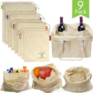 Produce Grocery Bags, 9Pack Reusable Shopping Vegetable Storage Bags Muslin Mesh Canvas Tote Organic Cotton Cloth Bags Eco-Friendly Net Zero Washable