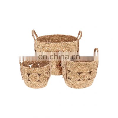 Hot Sale Set Of 3 Seagrass Storage Basket with carrying handles Handwoven Natural Laundry Basket Decor Wholesale