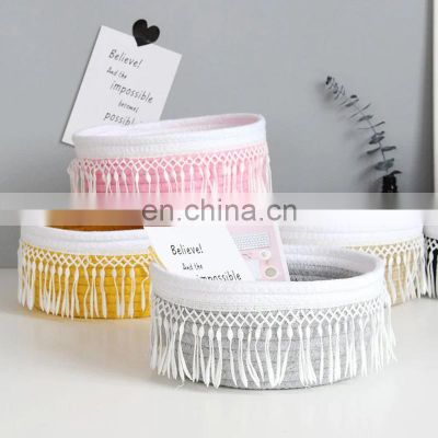 Hot Sale Cute Cotton Woven Storage Basket With Macrame Tassels, Hand Woven Cosmetics Basket