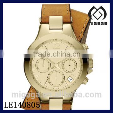 Fashion customized design chronograph watch Women's Double Brown Leather Strap Chronograph Watch