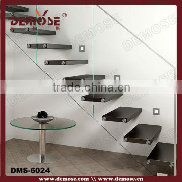 cantilevered glass railing wood stair