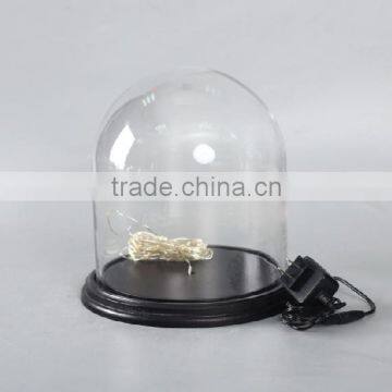 glass round dome with LED string and wooden base