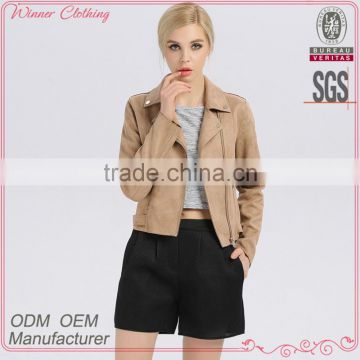 OEM/ODM clothing manufacturer high quality khaki short style women casual suede jacket with turn collar