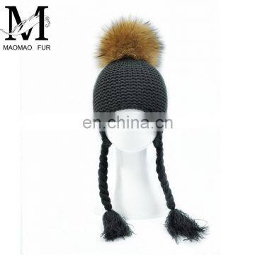 Kids Cute Pigtail Raccoon Fur Pompom Cap Warm Winter Hat Children Beanie Hat