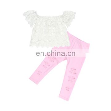 summer fashion off shoulder lace top with pink ripped trousers boutique two pieces girls clothing set