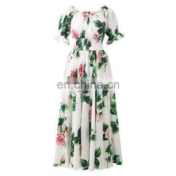TWOTWINSTYLE Floral Print Dress Women Slash Neck Flare Short Sleeve High Waist Off Shoulder Casual