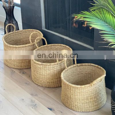 Hot Selling Set of 3 Seagrass Blanket Baskets Woven Clothes Hamper Storage Toy Basket Wholesale