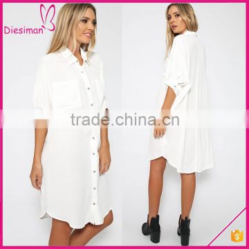 Over size fit solid white color half sleeve botton up womens shirt dress