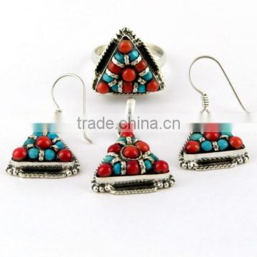 Fabulous !! Coral_Turquoise 925 Sterling Silver Jewelry Set, Online Silver Jewellery, Antique Silver Jewelry