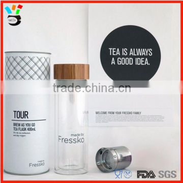 400ml glass tea bottle with custom logo double wall glass bamboo