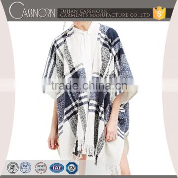 3/4 sleeve no button contrasted plain pattern women fashion poncho with a fringe trim