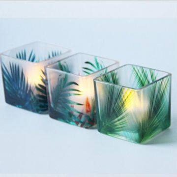 holiday 6x6x6cm square cup glass candle with rainforest pattern candle holder