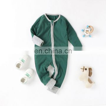 Ribbed Double Way Zipper Contrast Color Long Sleeve Baby Romper