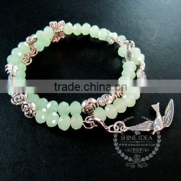 vintage antiqued silver rose flower leaf butterfly bird ice green beads 2 layers fashion wiring bangle bracelet jewelry 6490055