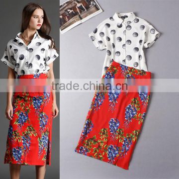 Short Sleeve calf Length Furcal Coins Loose White Top +Lilac Flowers Red Half Skirt Printed Set