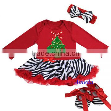 Baby Red Zebra Xmas Tree Bow Long Sleeves Jumpsuit Bodysuit Pettiskirt Jumpsuit Headband Crib Shoes 3pcs NB-18M