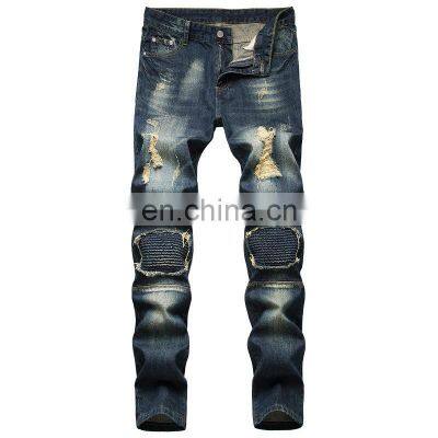 High fashion custom logo high waist classical ripped cotton jeans pant for men stylish