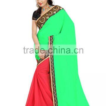 green and red color weightless embroidery sarees
