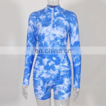 Tie Dye Print Zipper Neck Up Playsuit Women Long sleeve Slim Mock Neck Ruched Sexy Rompers Lady Bodycon Fitness Blue