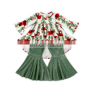 Cute Baby Christmas Green Stripe Flamingo Pom Pom Tunic And Bell Bottoms Girls Boutique Clothing Wholesale Children Clothes USA